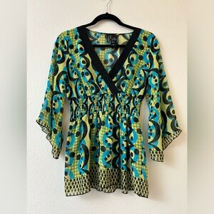 Bisou Bisou Y2K babydoll top small S sheer‎ blue green bell sleeves psychedelic